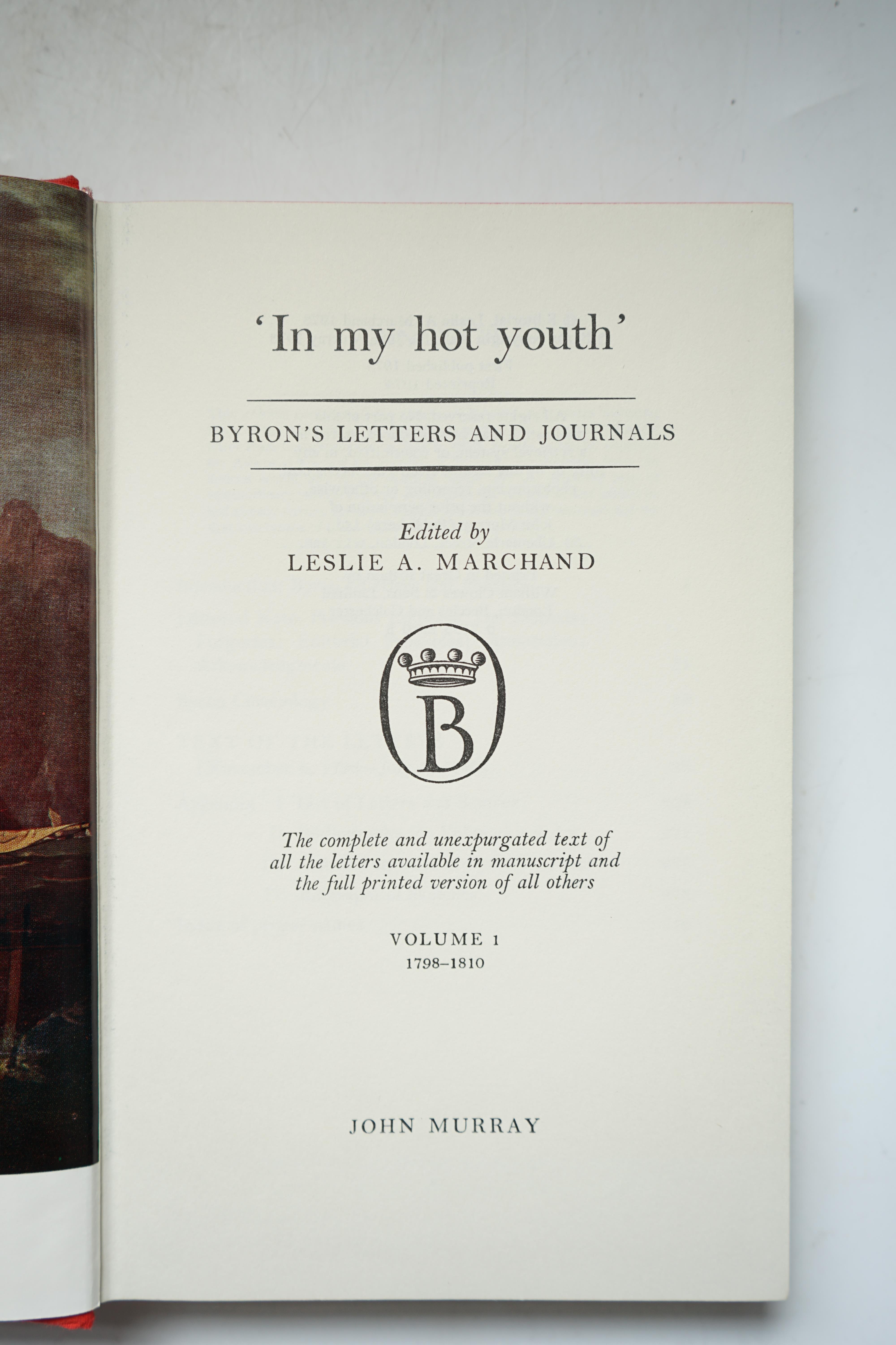 Marchant, Leslie A (editor) - Byron’s Letters and Journals, 13 vols, including general index, 8vo, original red cloth, with d/j’s, mixed editions, vol 1 with authors presentation inscription, John Murray, London, 1974-82